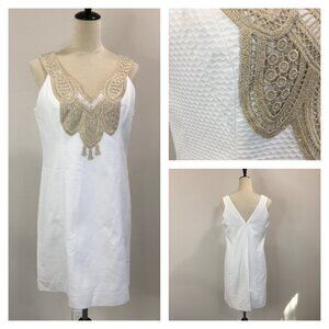 LILLY PULITZER White Gold Lace Applique Textured Sleeveless Shift/Sheath Dress